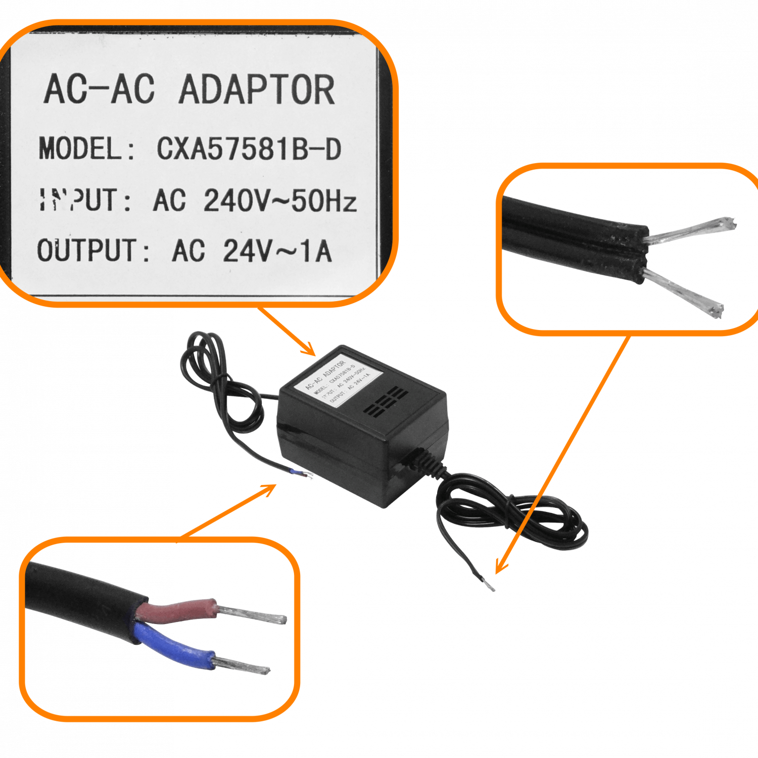 Fuente de Poder 24VAC 1A 24W, Bobina con Cables Sueltos, Trafo 1000mA 3