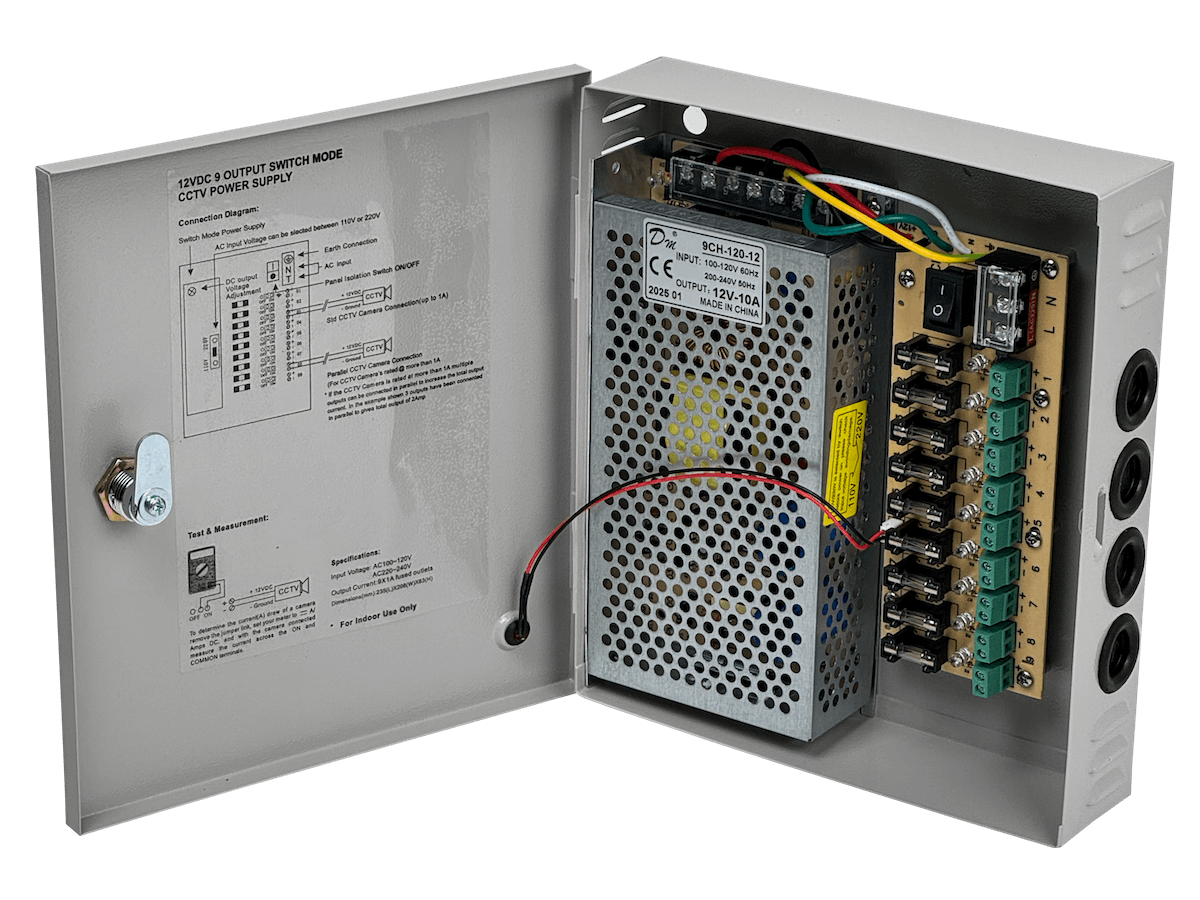 120W 12VDC 10A 9-Salida Gabinete-llave Piloto 100-240VAC Fuente Poder 3