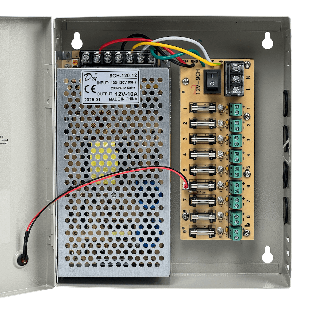 120W 12VDC 10A 9-Salida Gabinete-llave Piloto 100-240VAC Fuente Poder 5