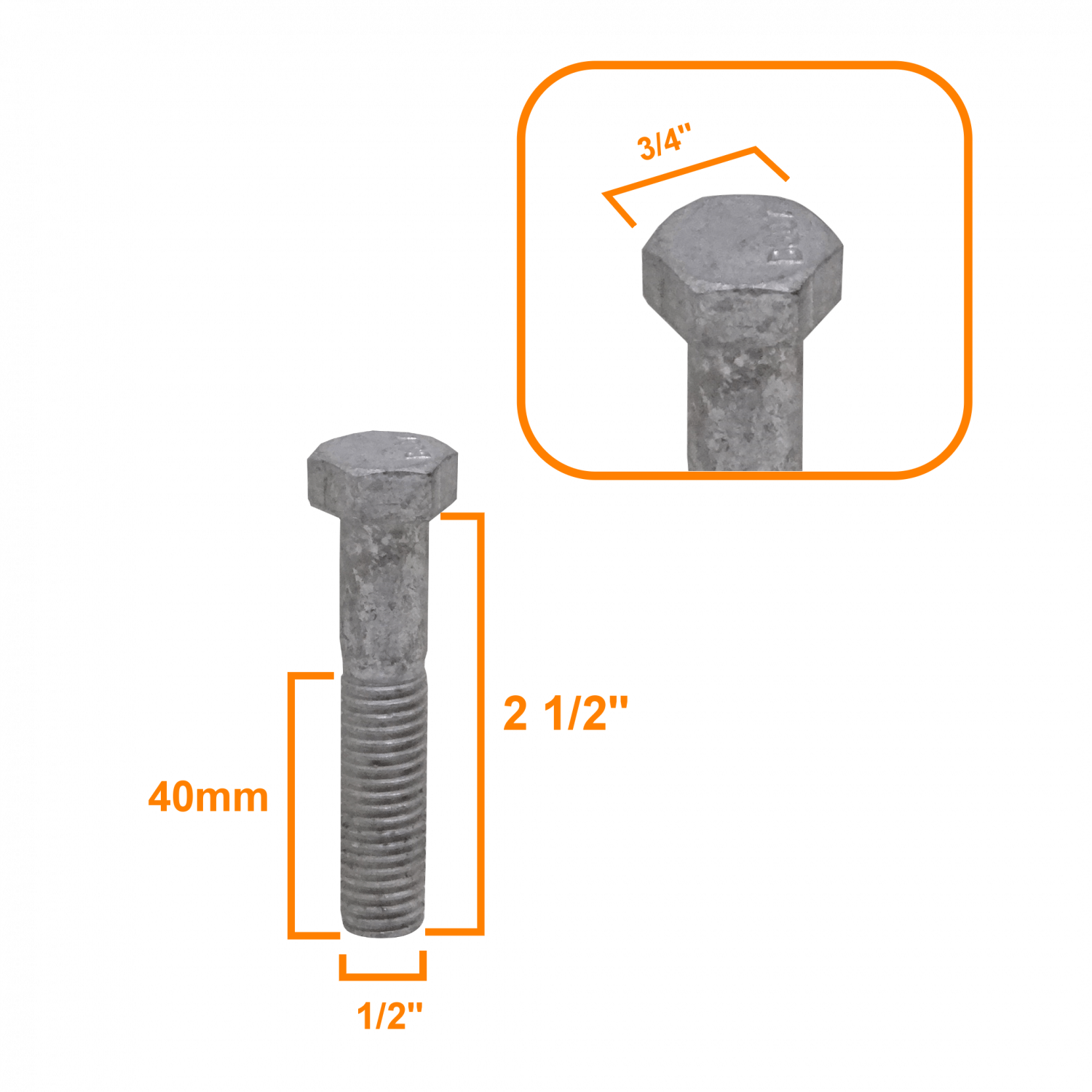 1/2 x 2 1/2 Perno Hexagonal con Tuerca Hexagonal-19mm-3/4p 0,5x2,5pulg 3