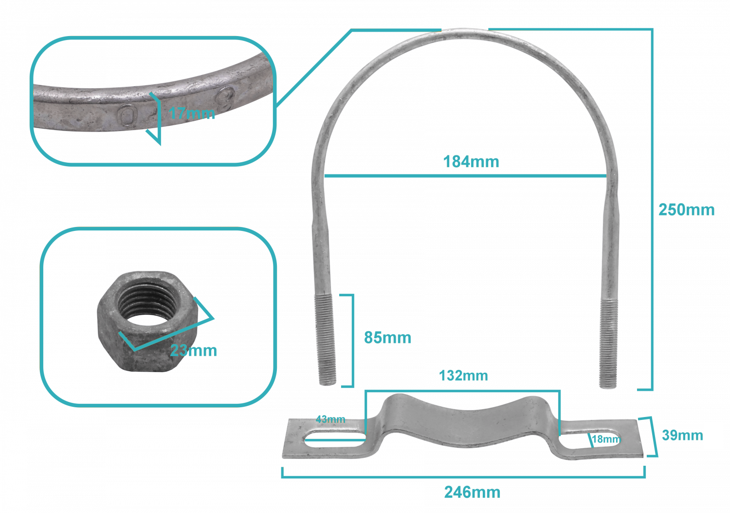 Galvanizado para Poste Redondo Clamp KTL0180 143-180 mm con Tuercas de 23 mm 2