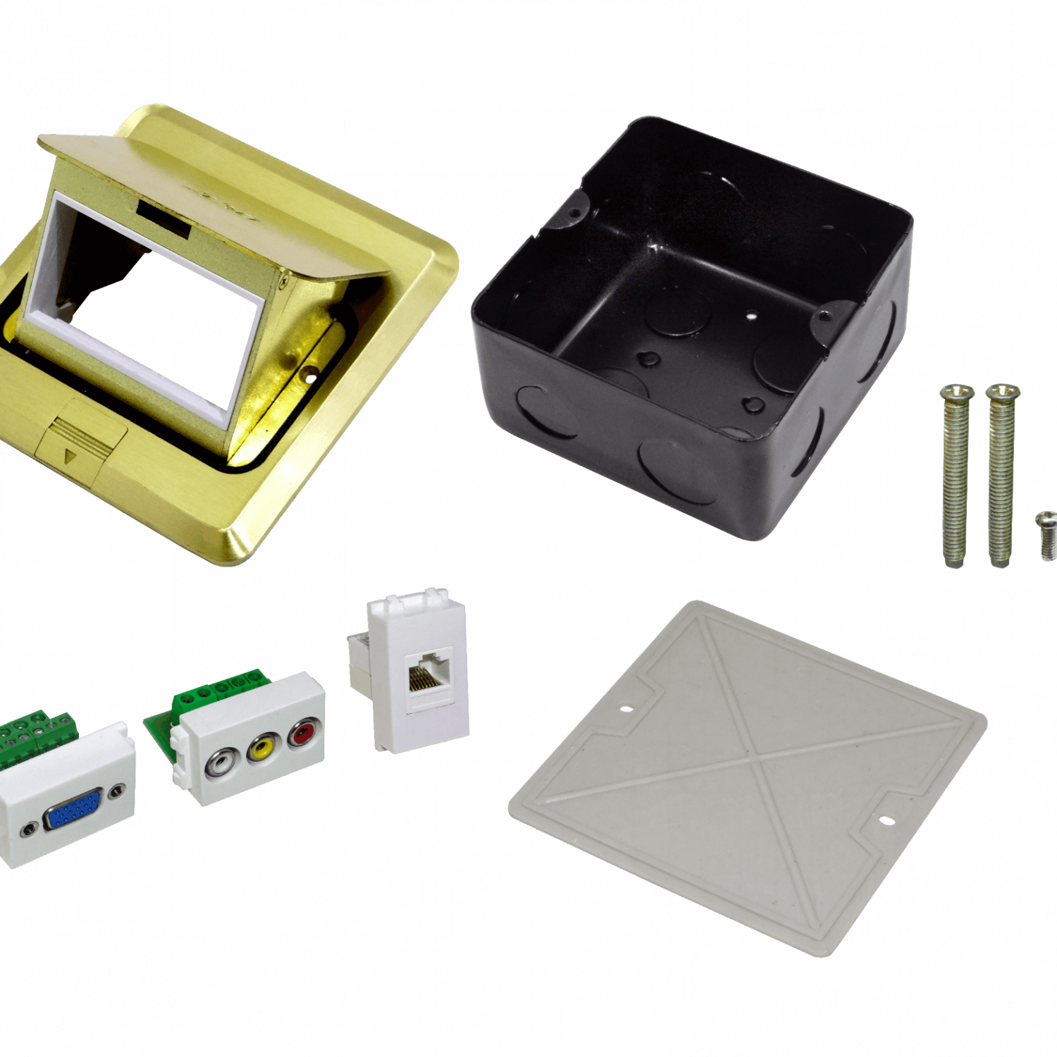 Caja de Piso RST-M3P RJ45 + VGA + 3 RCA Abatible Metálica 103x99x55mm con Tapa 118x120mm 3
