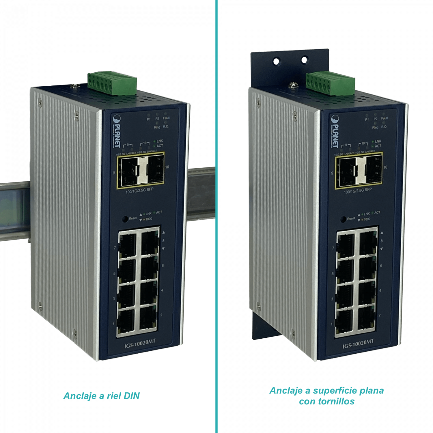 PLANET 8-1000 2-SFP Switch Industrial Admin Riel-DIN 12-48VDC 24VAC 4