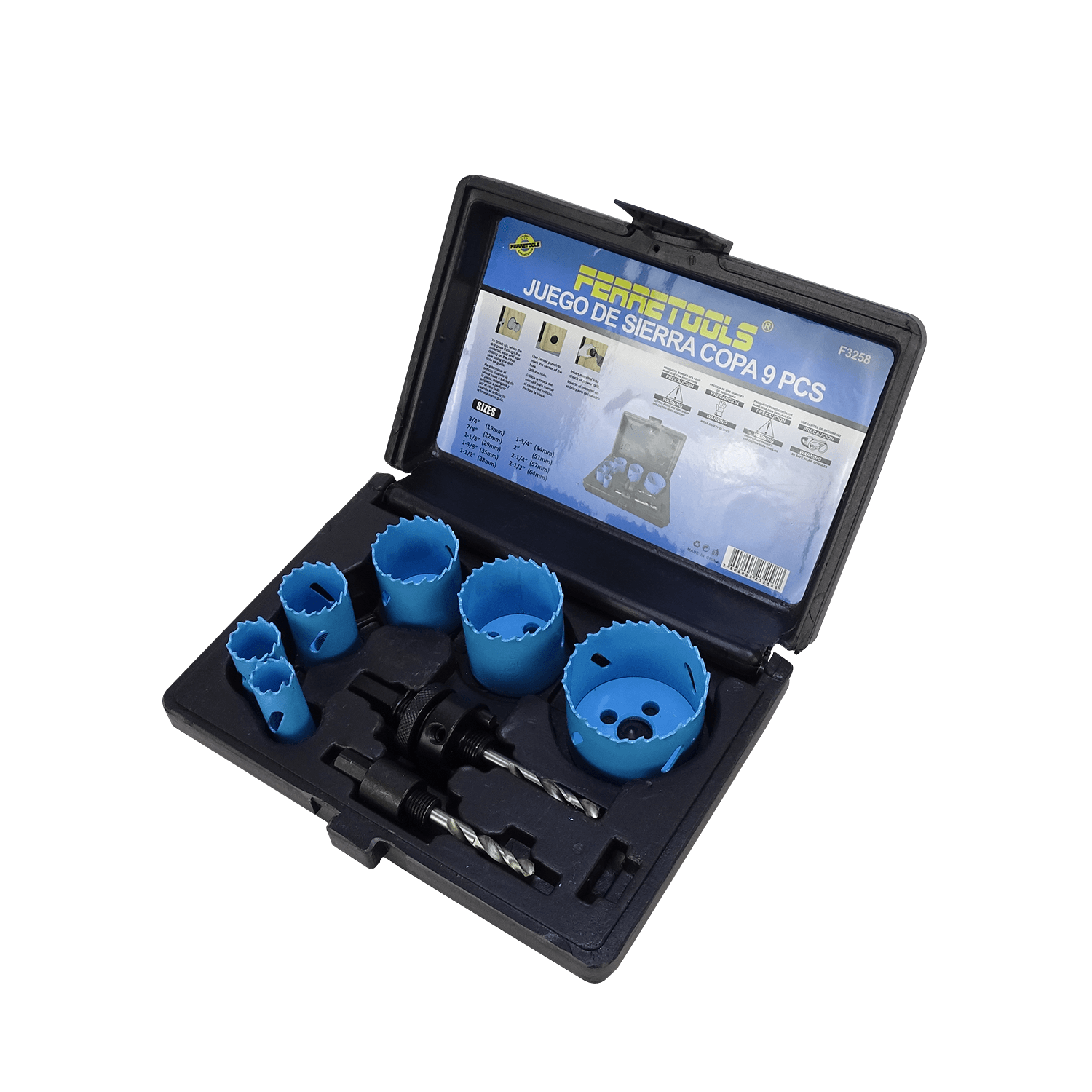 FERRETOOLS 6-Copas Sierras Madera 19-64mm 3/4-2 1/2pulg Juego-9-piezas 2