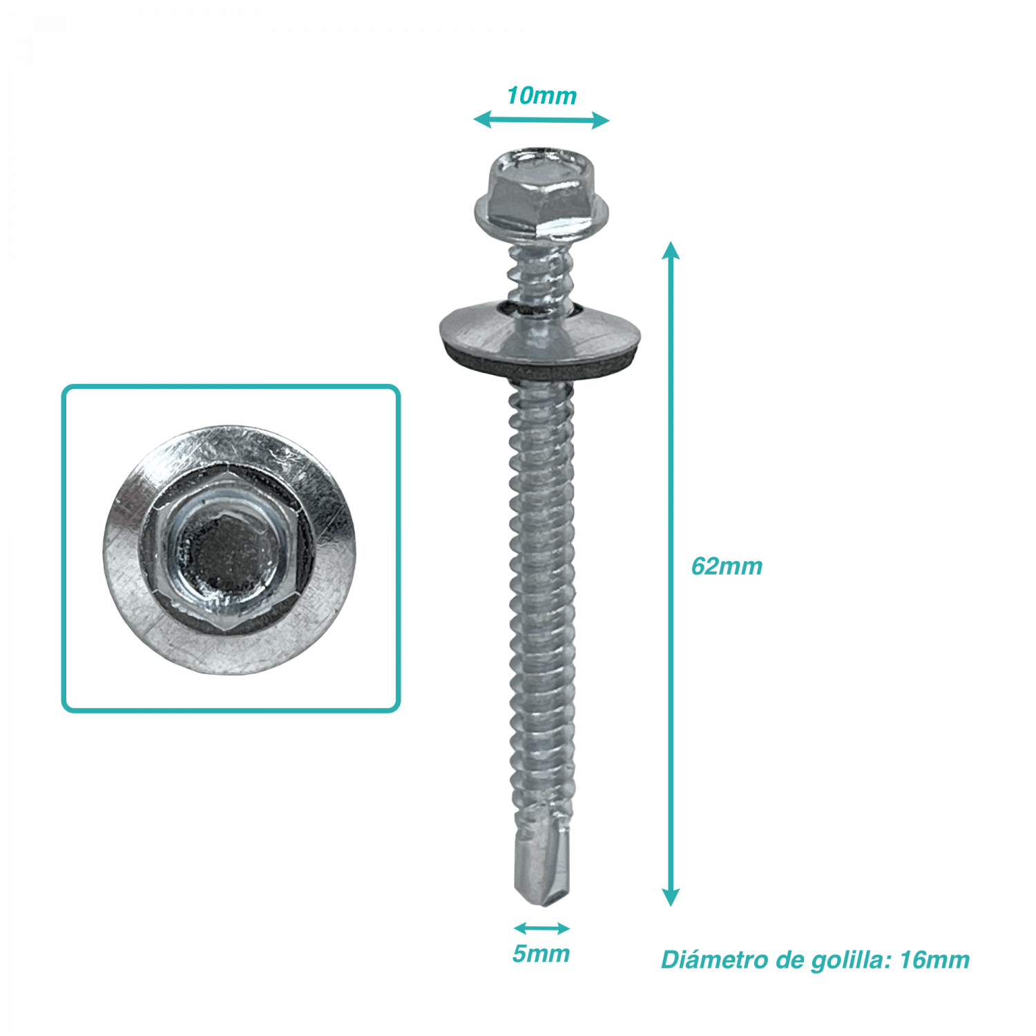 Hexagonal-8mm 50u. 12x2 1/2 Largo-64mm Zn Tornillo Autoperforante 2,5p 1