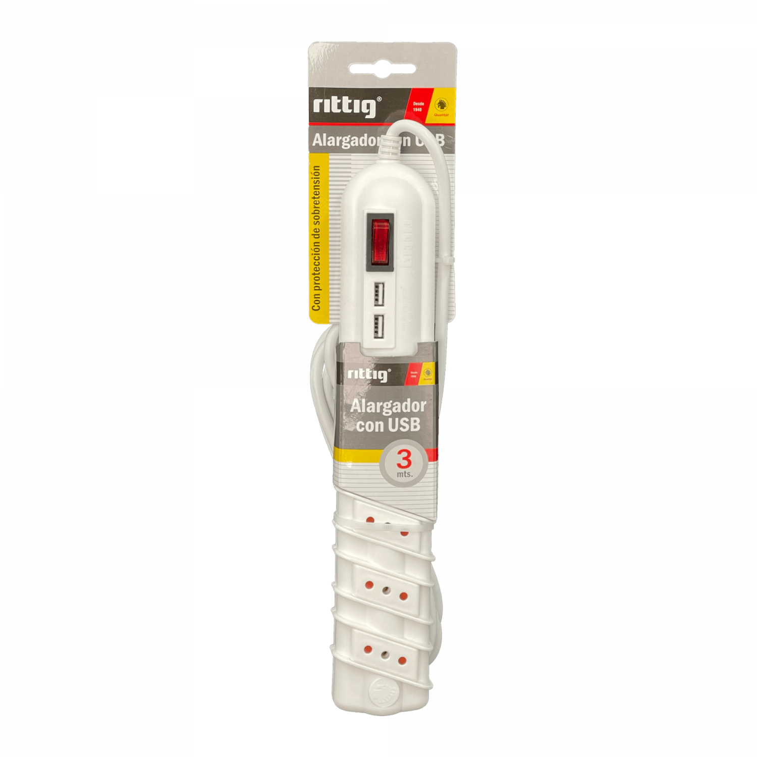 RITTIG Blanco 5-IH 2-USB5V Alarg 3mts 10A-250V 2200W Piloto-Interruptr 4