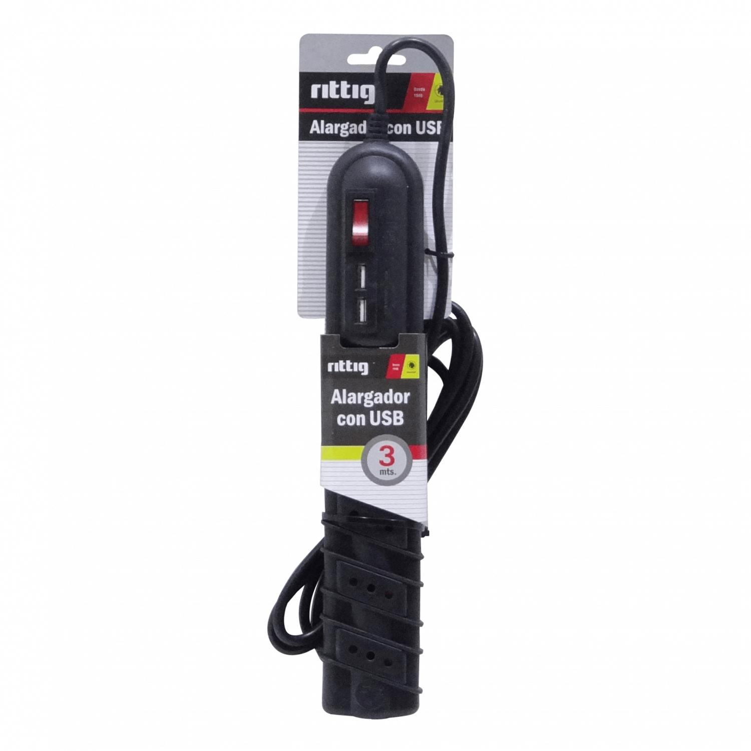 Alargador Negro 5 Tomas + 2 Conectorers USB-A 5V, 10A-250V 2200W, 3 Metros, Negro  1