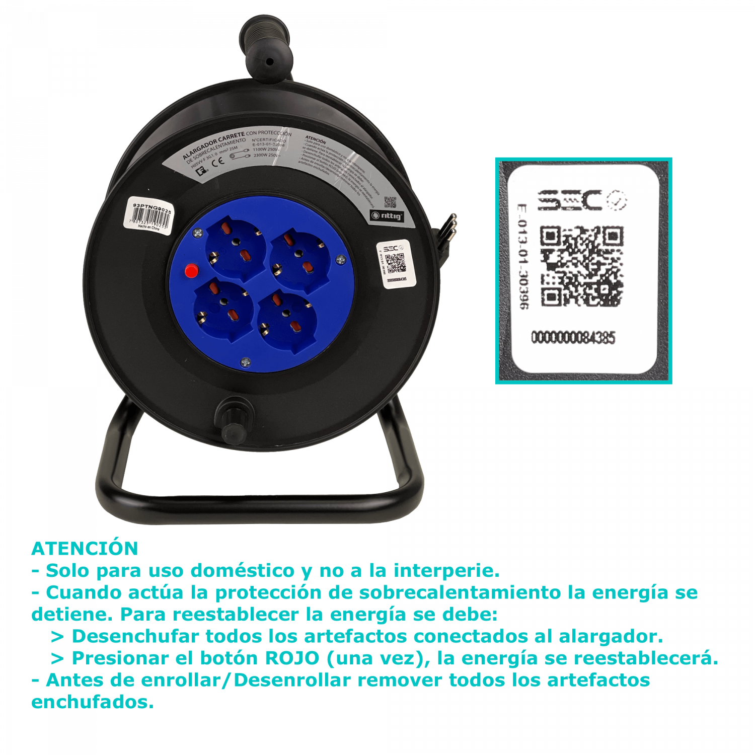 RITTIG 25mts Alargador Carrete 4-Multinorma-H 1-16A-IM 250V Proteccion 1