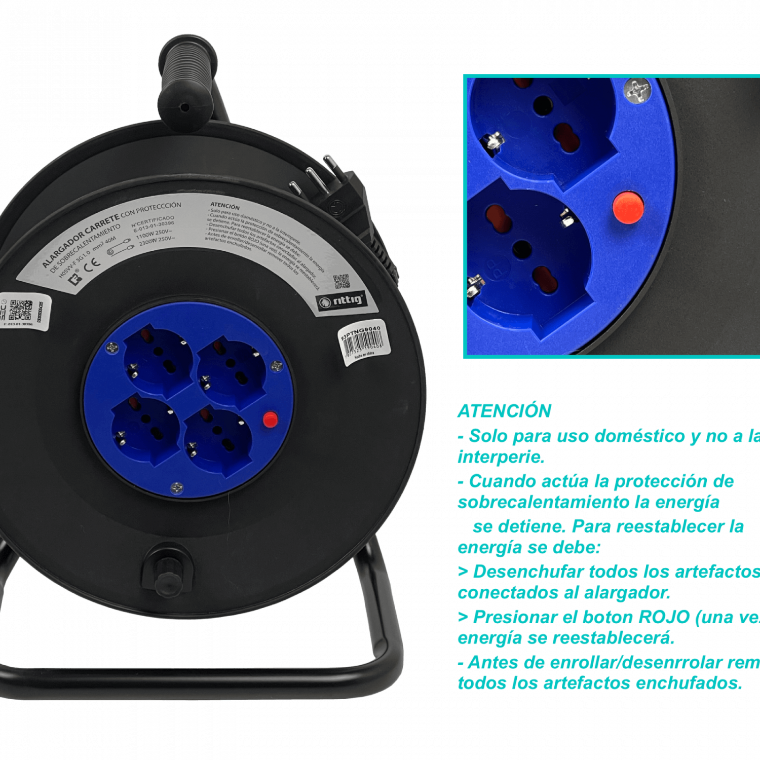 RITTIG 40mts Alargador Carrete 4-Multinorma-H 1-16A-IM 250V Proteccion 3