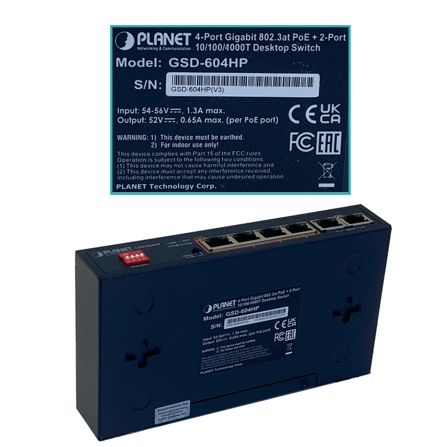 PLANET 6-1000(4-PoE+af/at) 55W-tot Switch no-Admin no-Rack inc-55V/72W 4