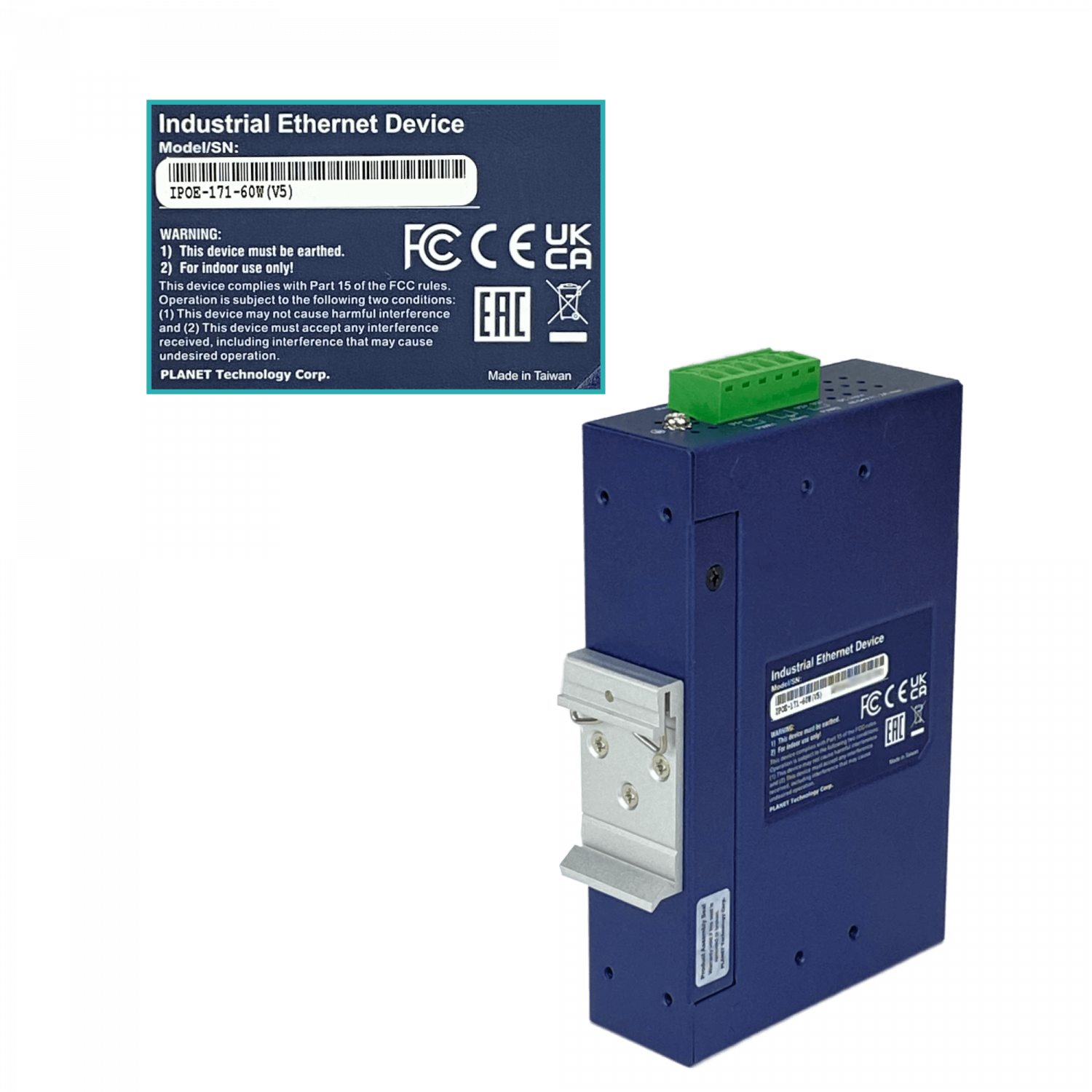 Inyector PoE+ Din-Rail, 60W, 802.3at, 2 RJ45, 48-56VDC, PLANET IPOE-171-60W 1