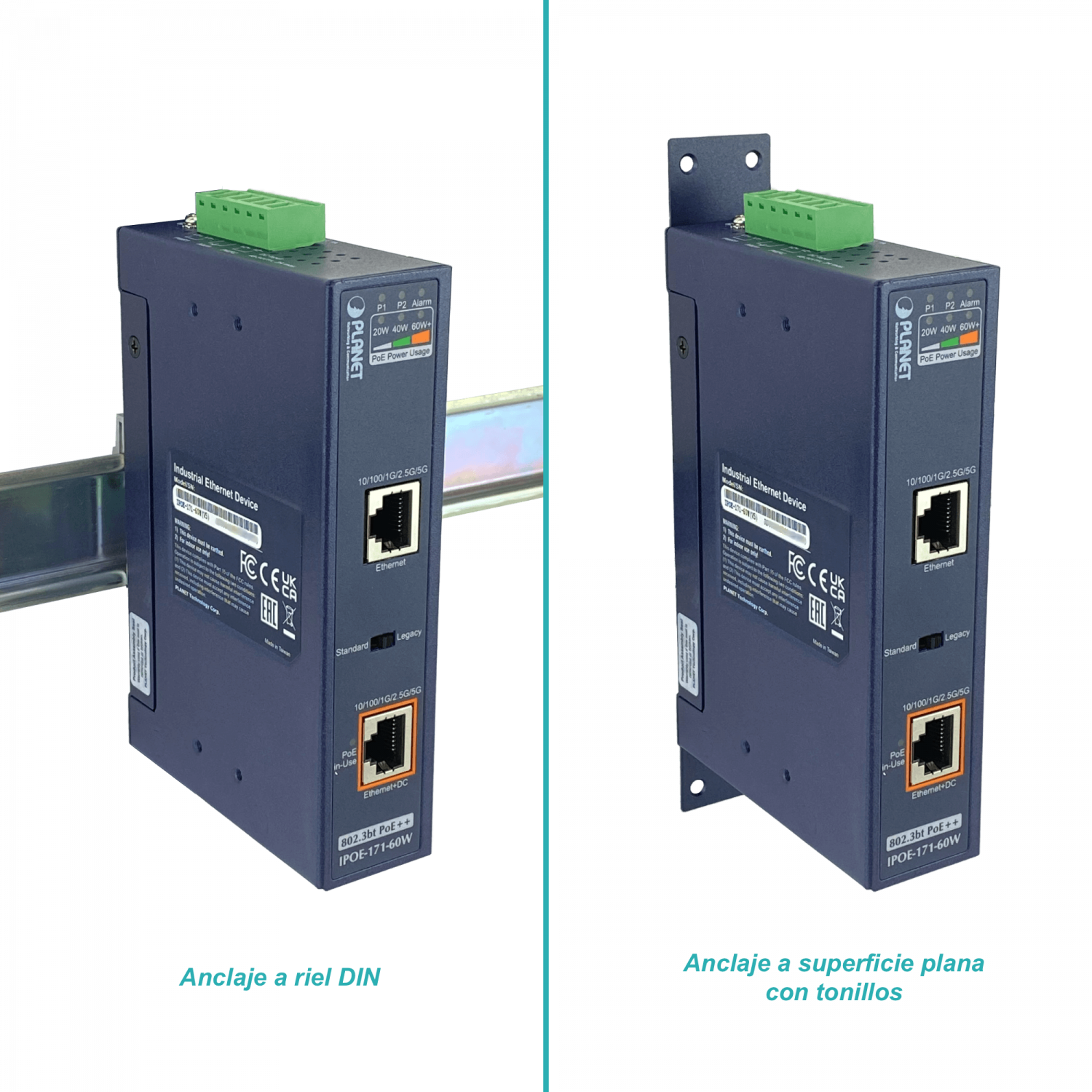 Inyector PoE+ Din-Rail, 60W, 802.3at, 2 RJ45, 48-56VDC, PLANET IPOE-171-60W 4