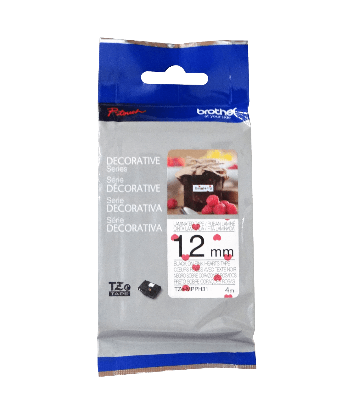 Cinta patron Brother TZE-MPPH31 12mm negro en fondo corazones 4m 1