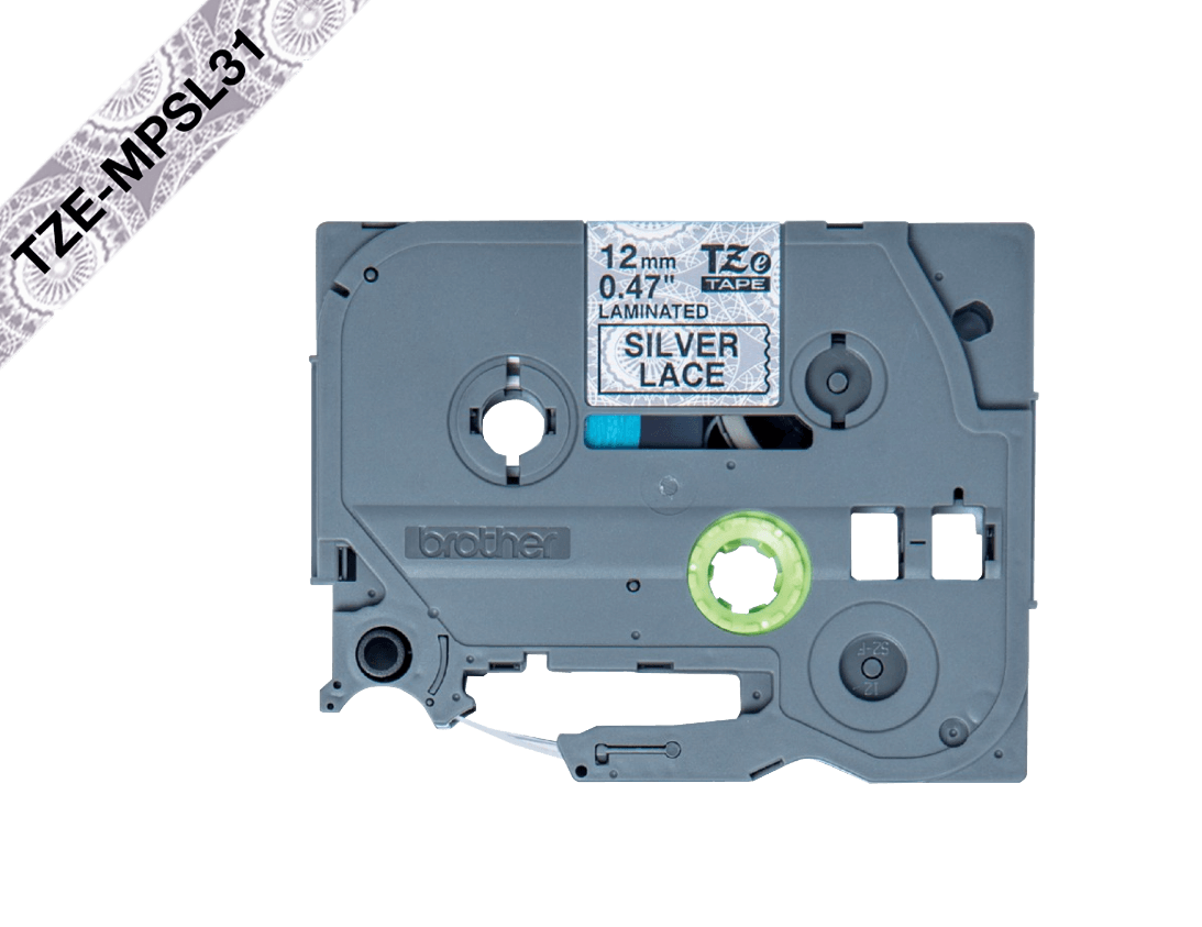 Cinta encaje Brother TZE-MPSL31 12mm negro en fondo plata 4m 2