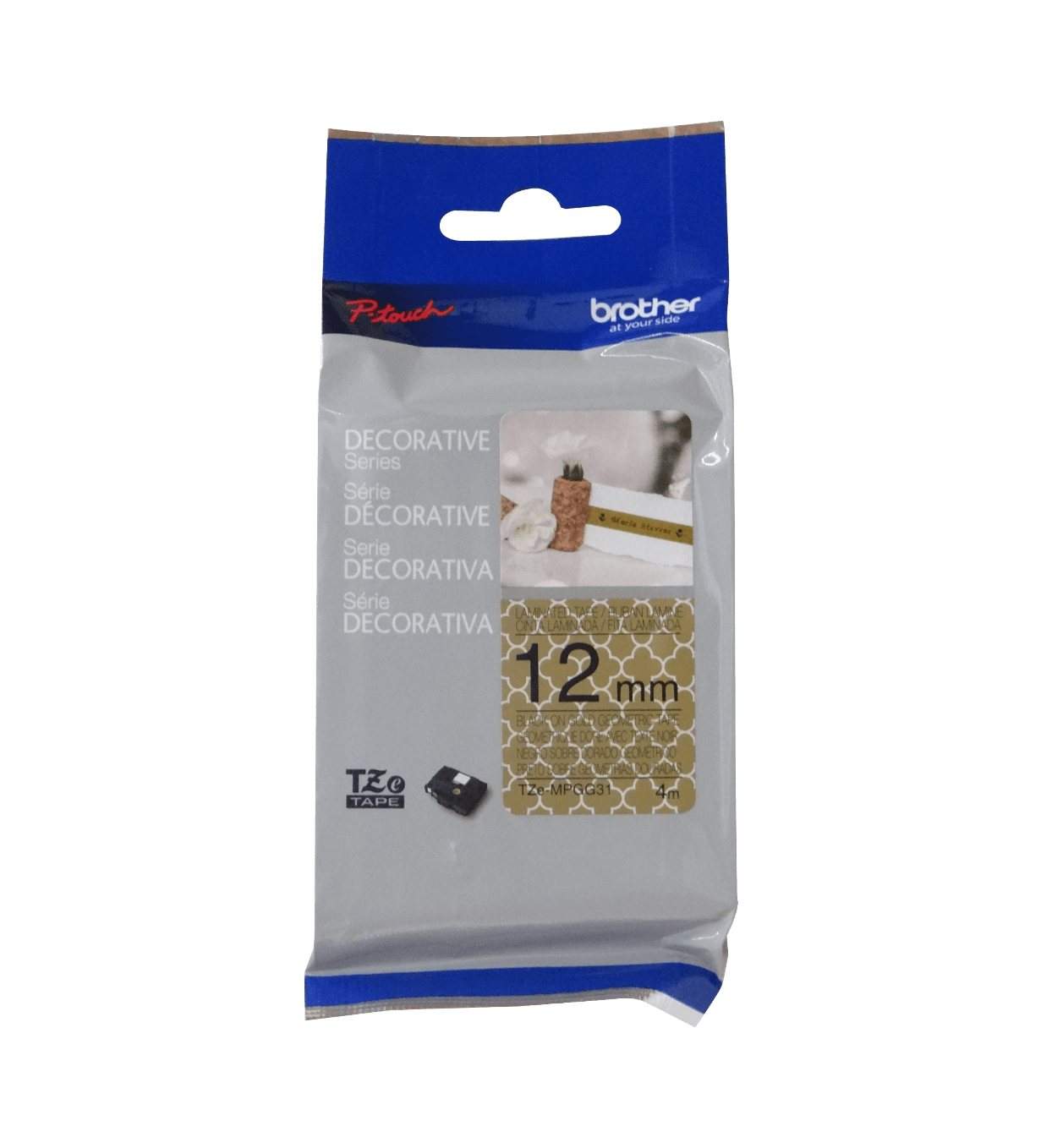 Cinta patron Brother TZE-MPGG31 12mm negro en fondo dorado 4m 2