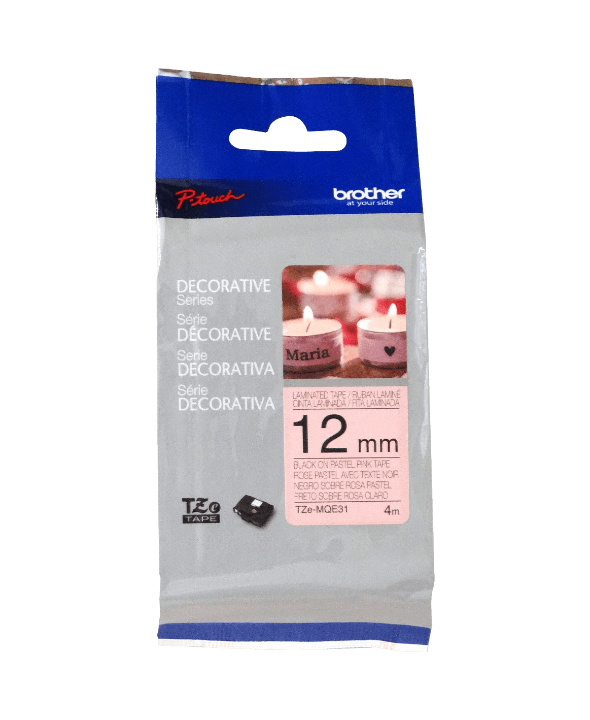 Cinta Brother TZE-MQE31 12mm negro en fondo rosa pastel 4m 2