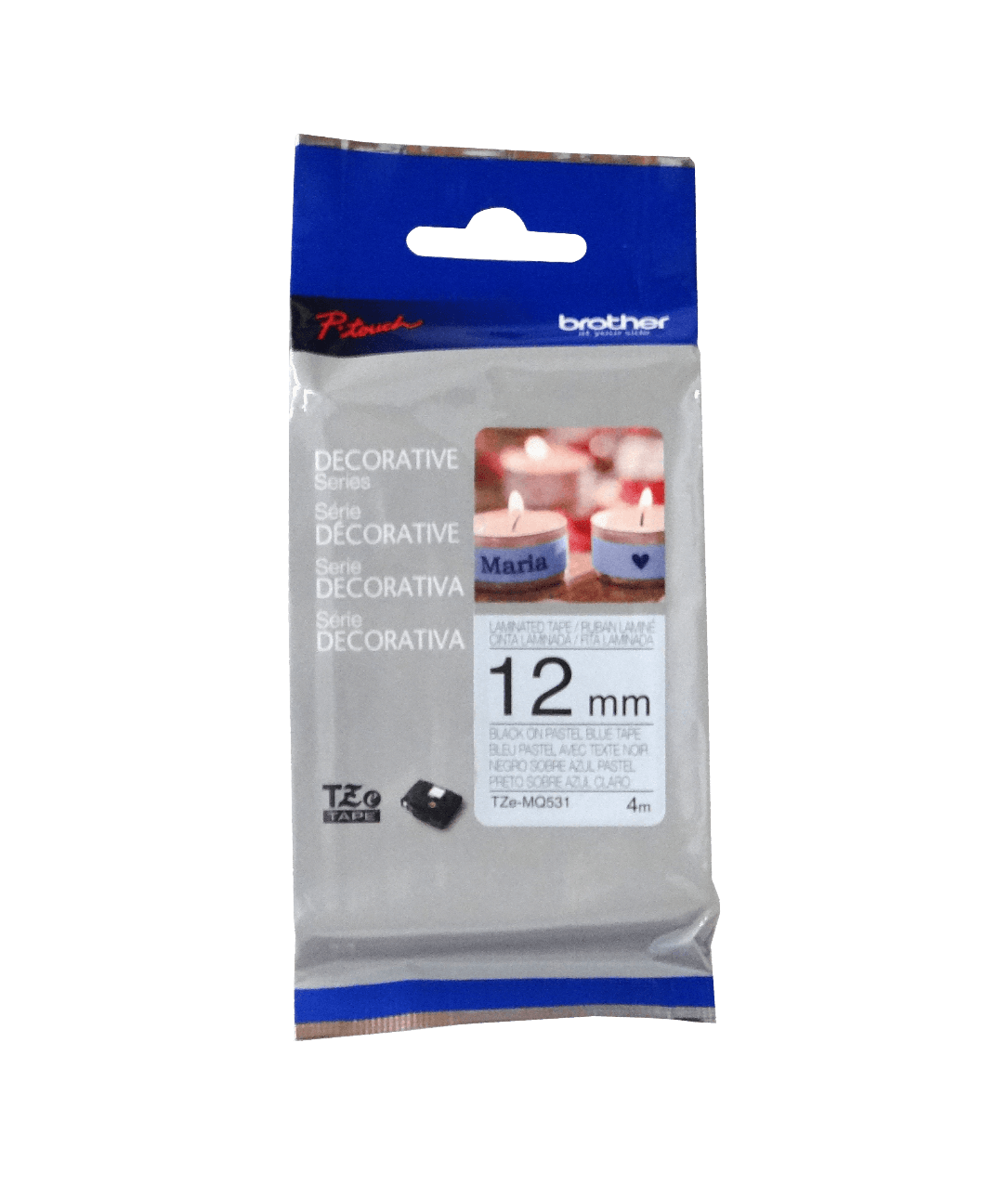 Cinta Brother TZE-MQ531 12mm negro en fondo azul pastel 4m 2
