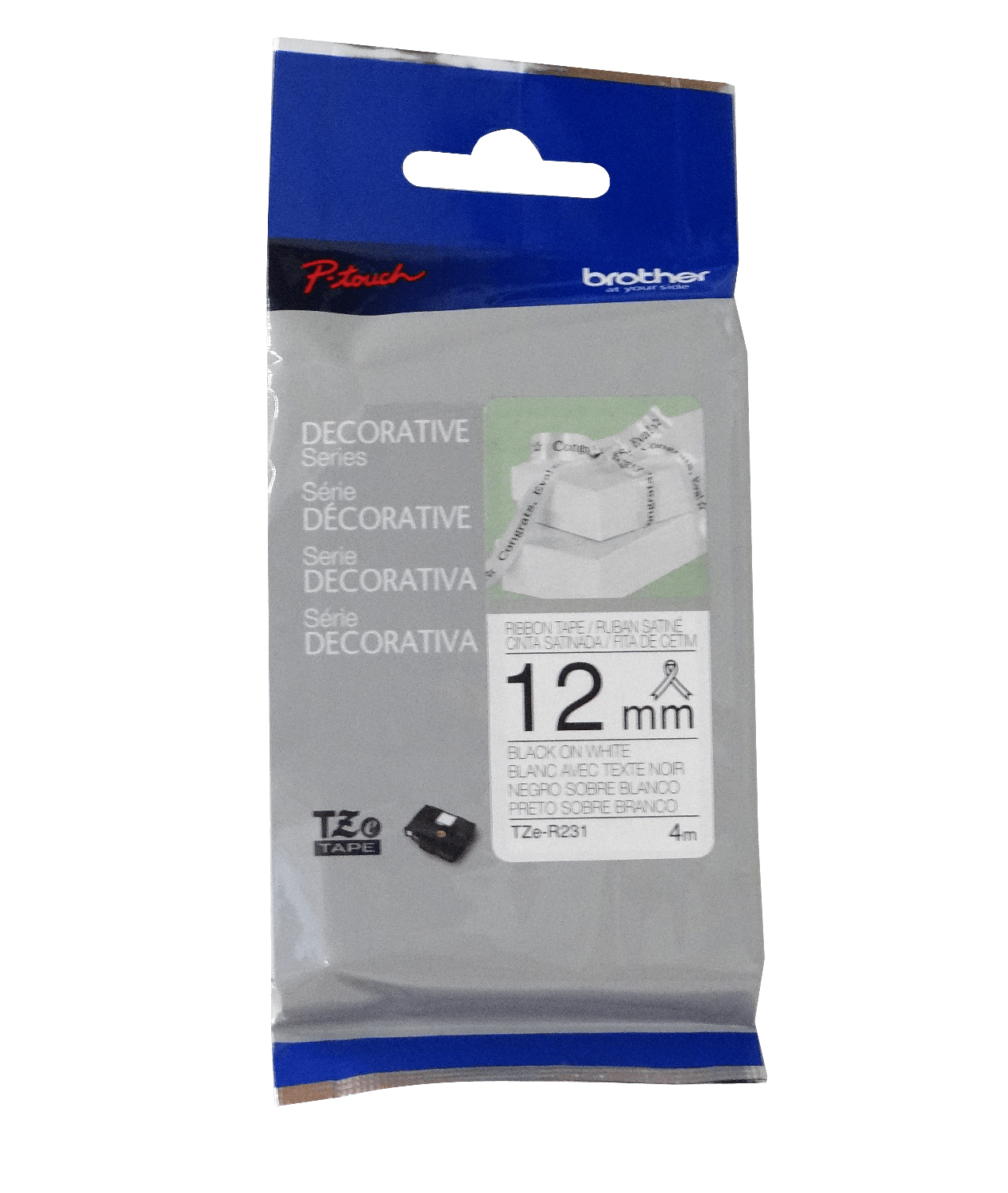 Cinta satin Brother TZE-R231 12mm negro en fondo blanco 4m 1