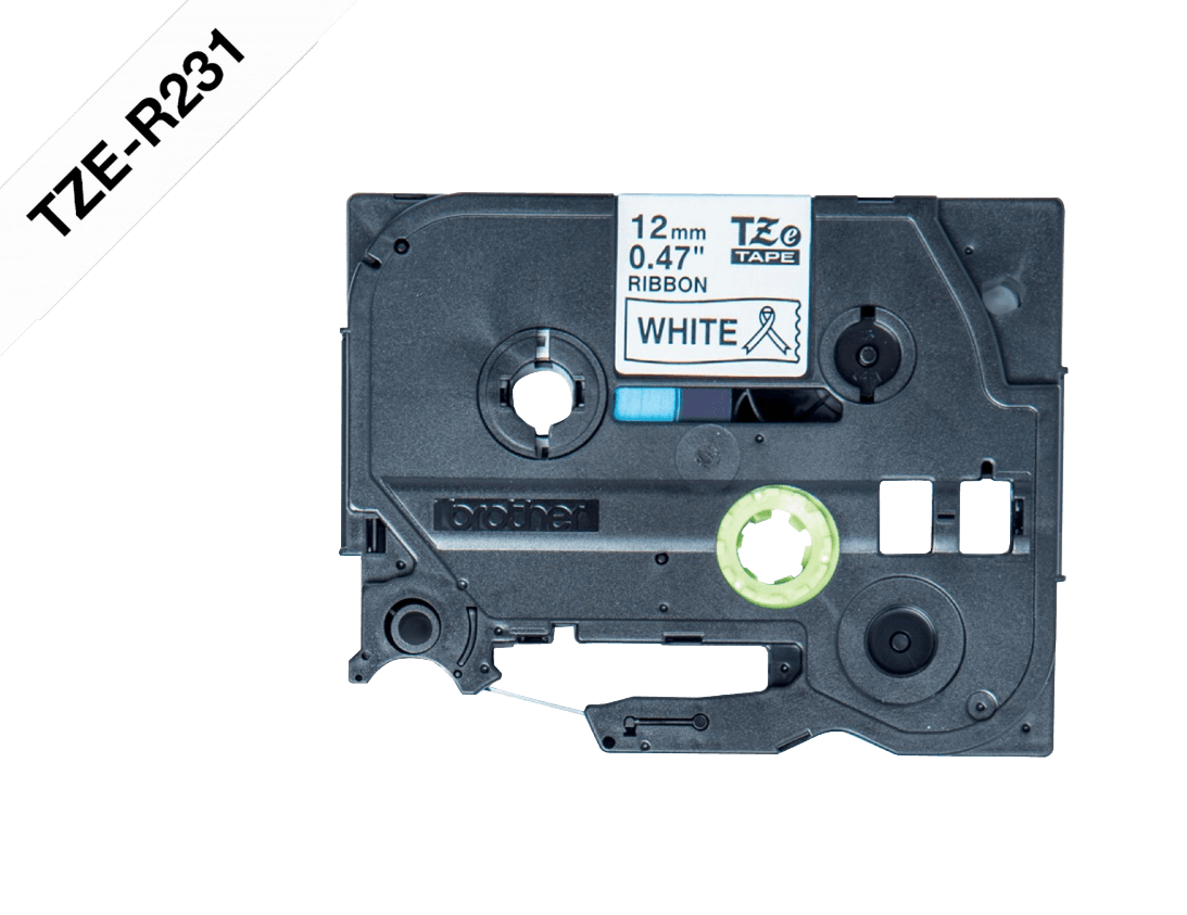 Cinta satin Brother TZE-R231 12mm negro en fondo blanco 4m 2