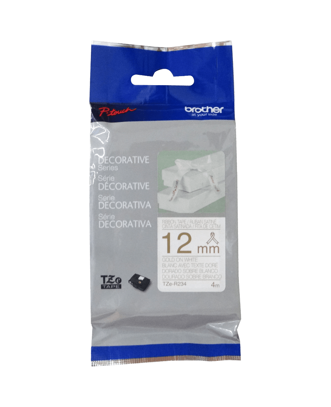 Cinta satin Brother TZE-R234 12mm dorado en fondo blanco 4m 1