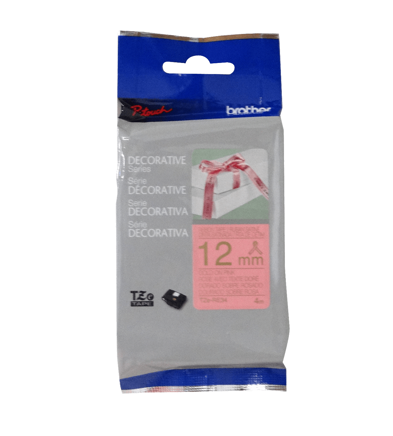 Cinta satin Brother TZE-RE34 12mm dorado en fondo rosado 4m 1
