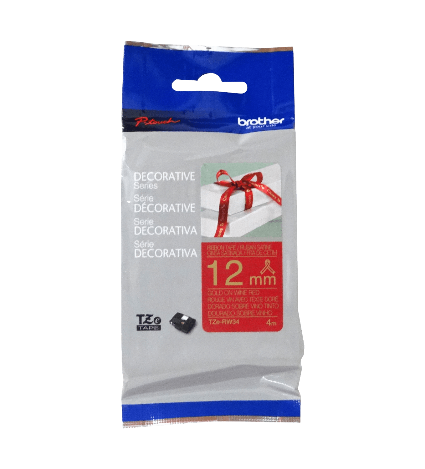 Cinta satin Brother TZE-RW34 12mm dorado en fondo rojo vino 4m 2