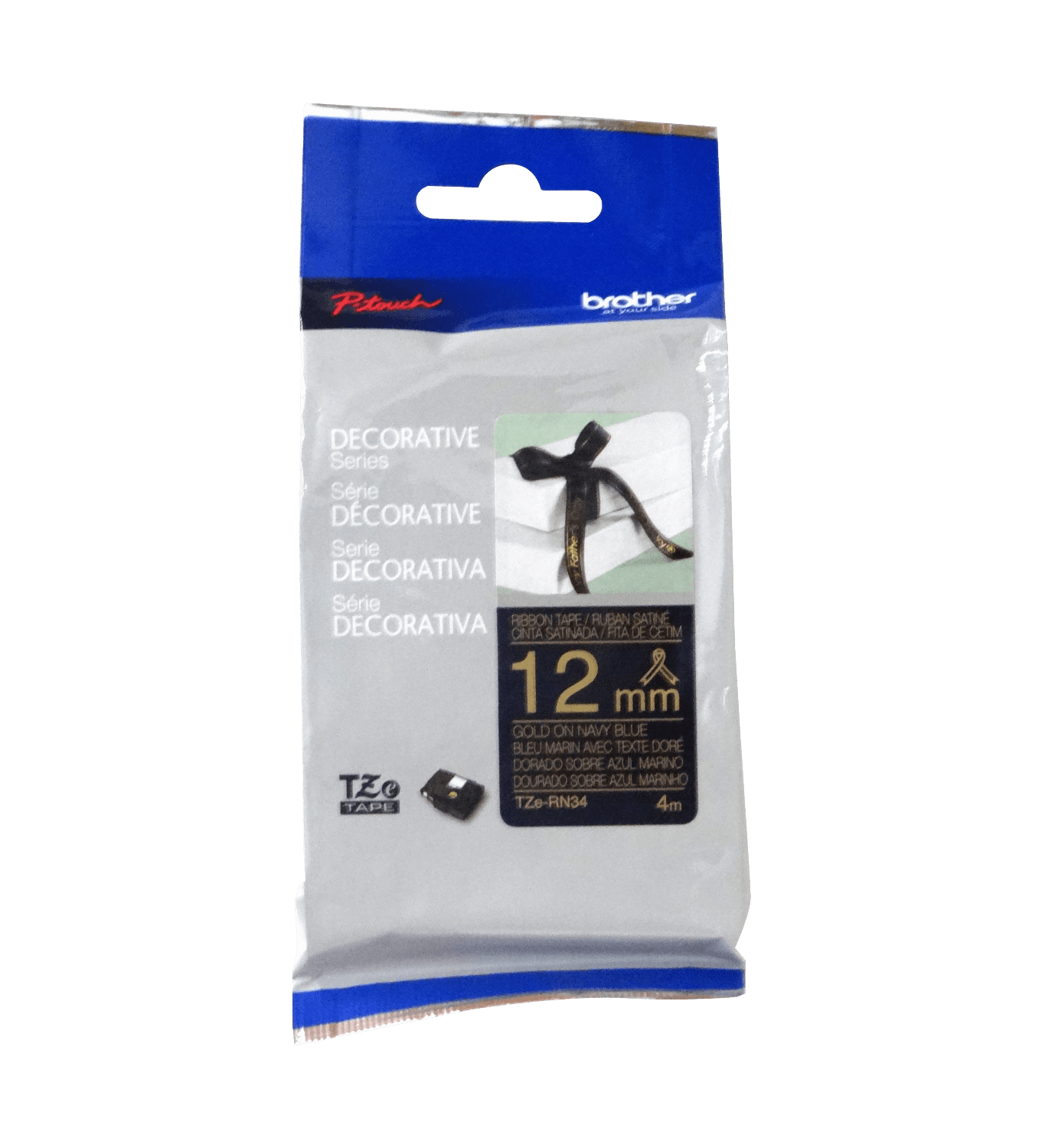 Cinta satin Brother TZE-RN34 12mm dorado en fondo azul marino 4m 2