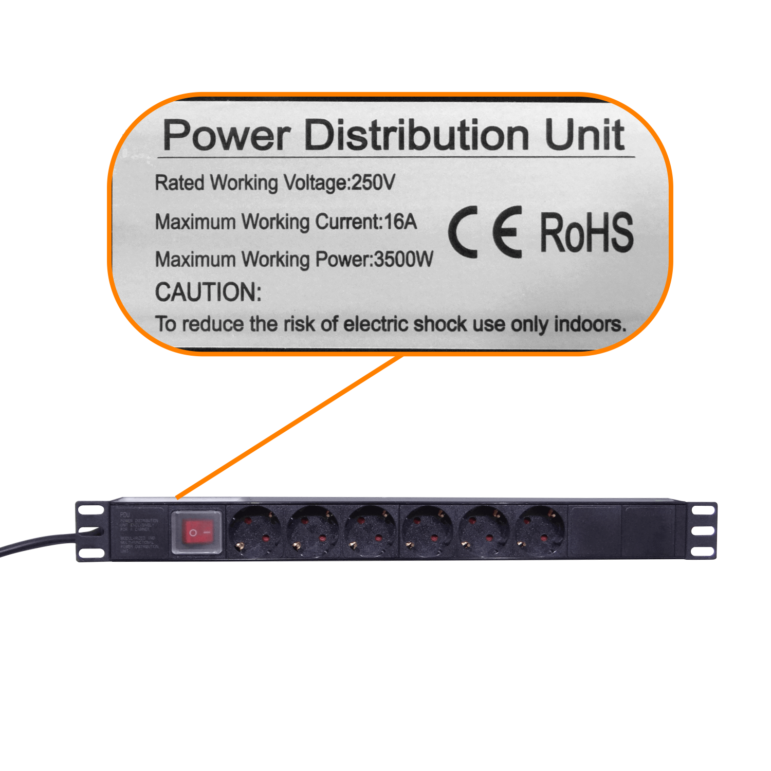 PDU 16A Enchufes 6-Hembra-Schuko in-Schuko Rack cable1,8m inc/M6-4KIT 2