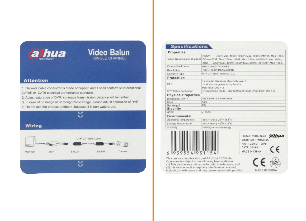 DAHUA Video Balun 4K Pin-Push Pasivo 1-Par CCTV BNC-Macho PFM800-4K 4