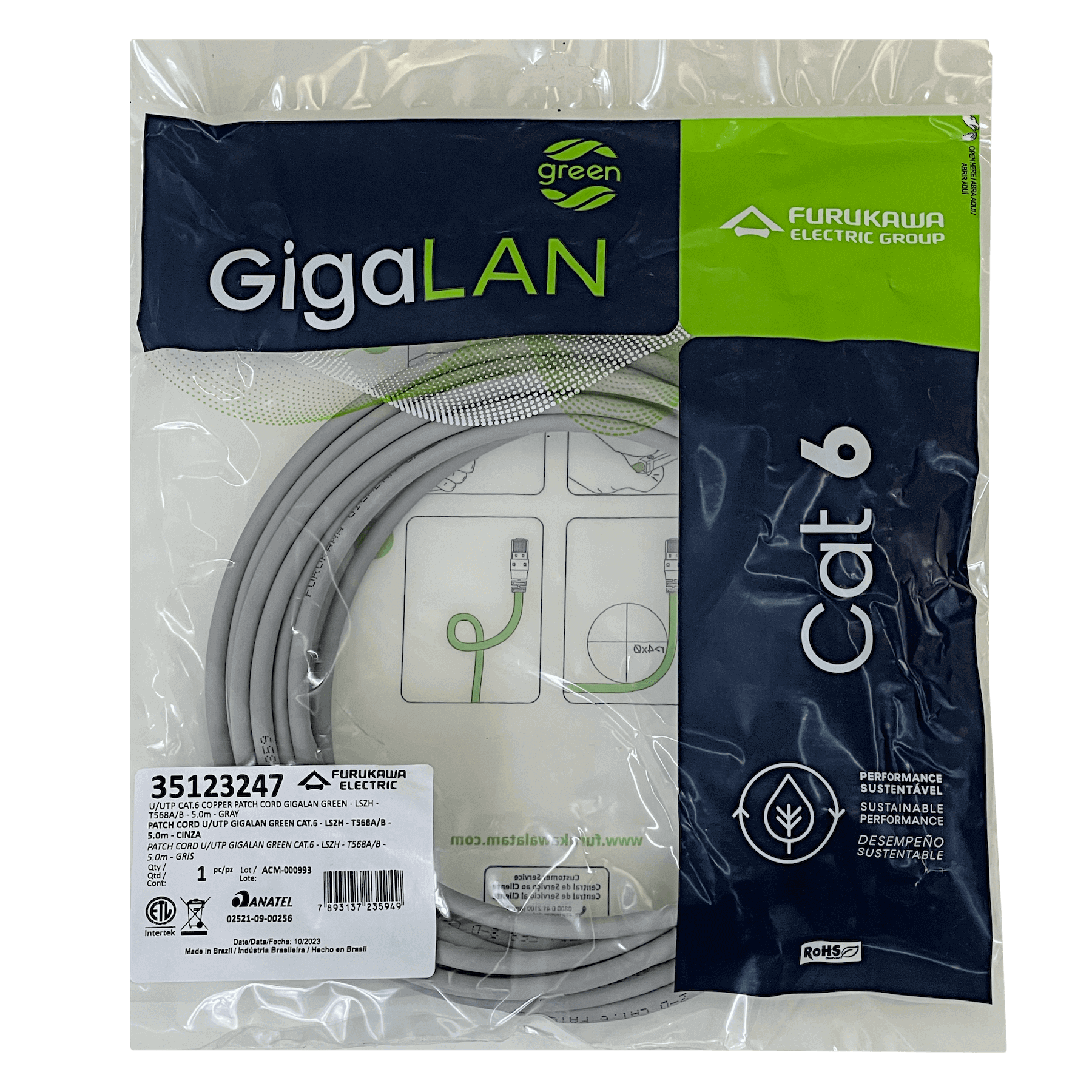 Cable Patch Furukawa Cat6 5mt Gris U/UTP LSZH RJ45 Gigalan 4
