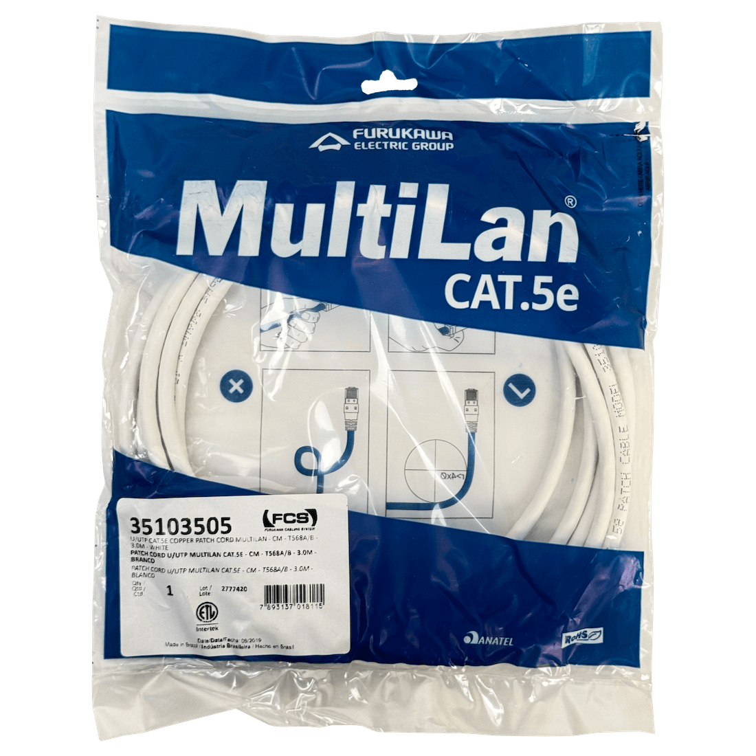 Cable Patch Furukawa Cat5e 3mt Blanco U/UTP CM RJ45 Multilan 1