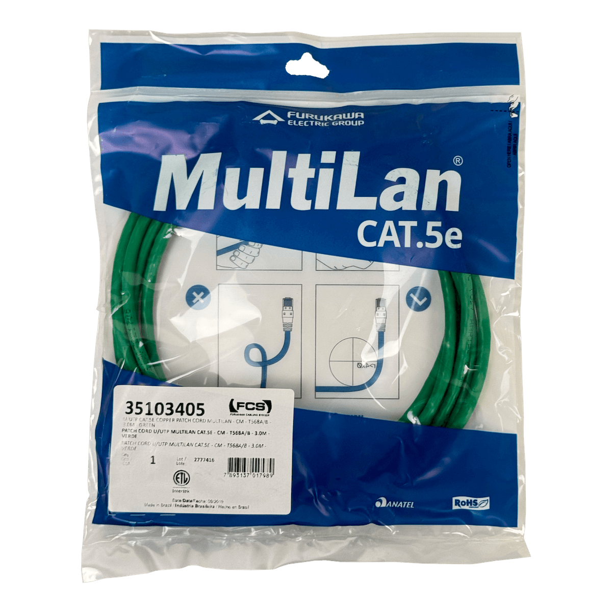 Cable Patch Furukawa Cat5e 3mt Verde U/UTP CM RJ45 Multilan 1