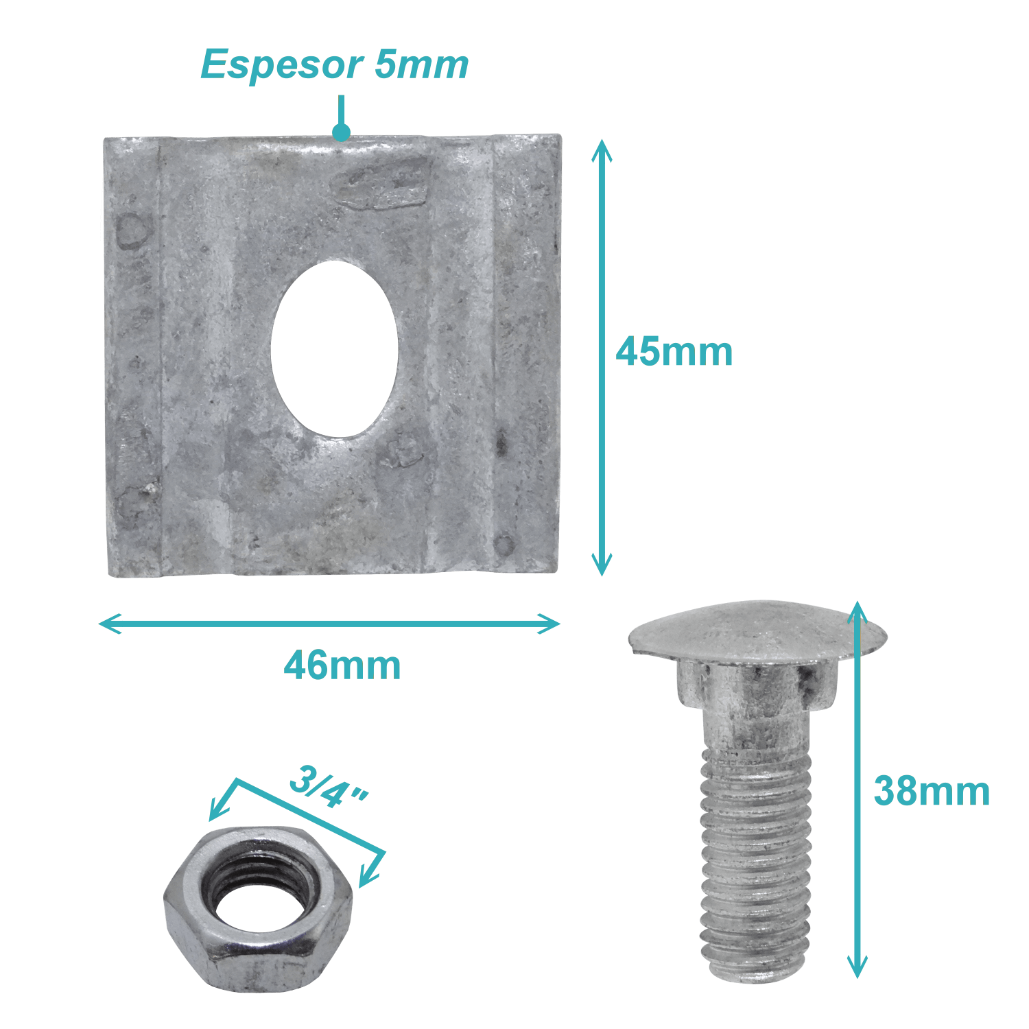 Brida 1-Perno-Hex3/4p 45x46x5mm Largo-38mm M12 para Sujecion Postacion 1