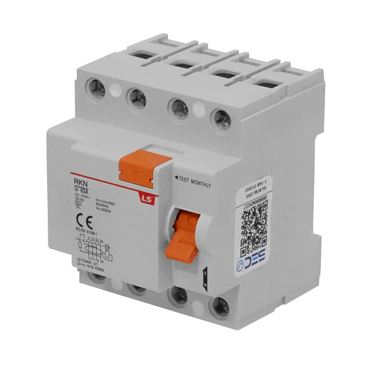 LS 4x63A 3P+1N 30mA Interruptor Diferencial BTDIN Proteccion RKN 72mm 4