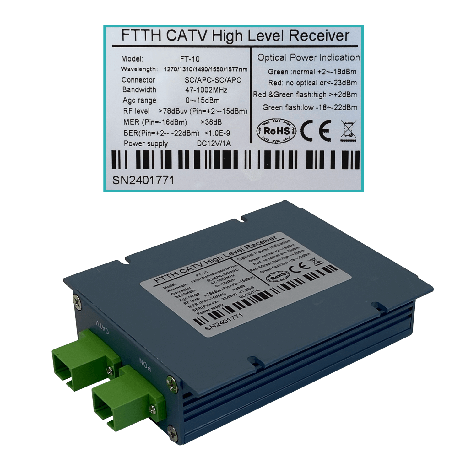 Receptor FTTH Activo, SC/APC F-Hembra, 1270-1577nm, 47-1002MHz, Requiere 12V 4