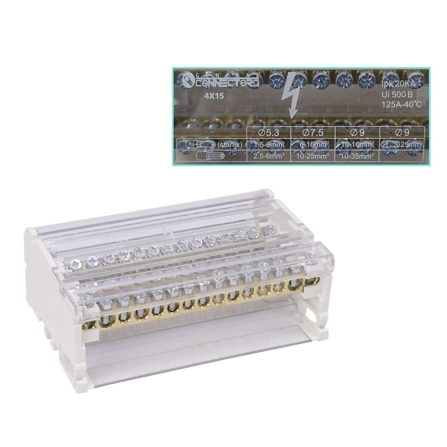 4x15 Repartidor Tetrapolar 125A 40ºC 2x25 2x35 11x10mm2 Art.6834 2
