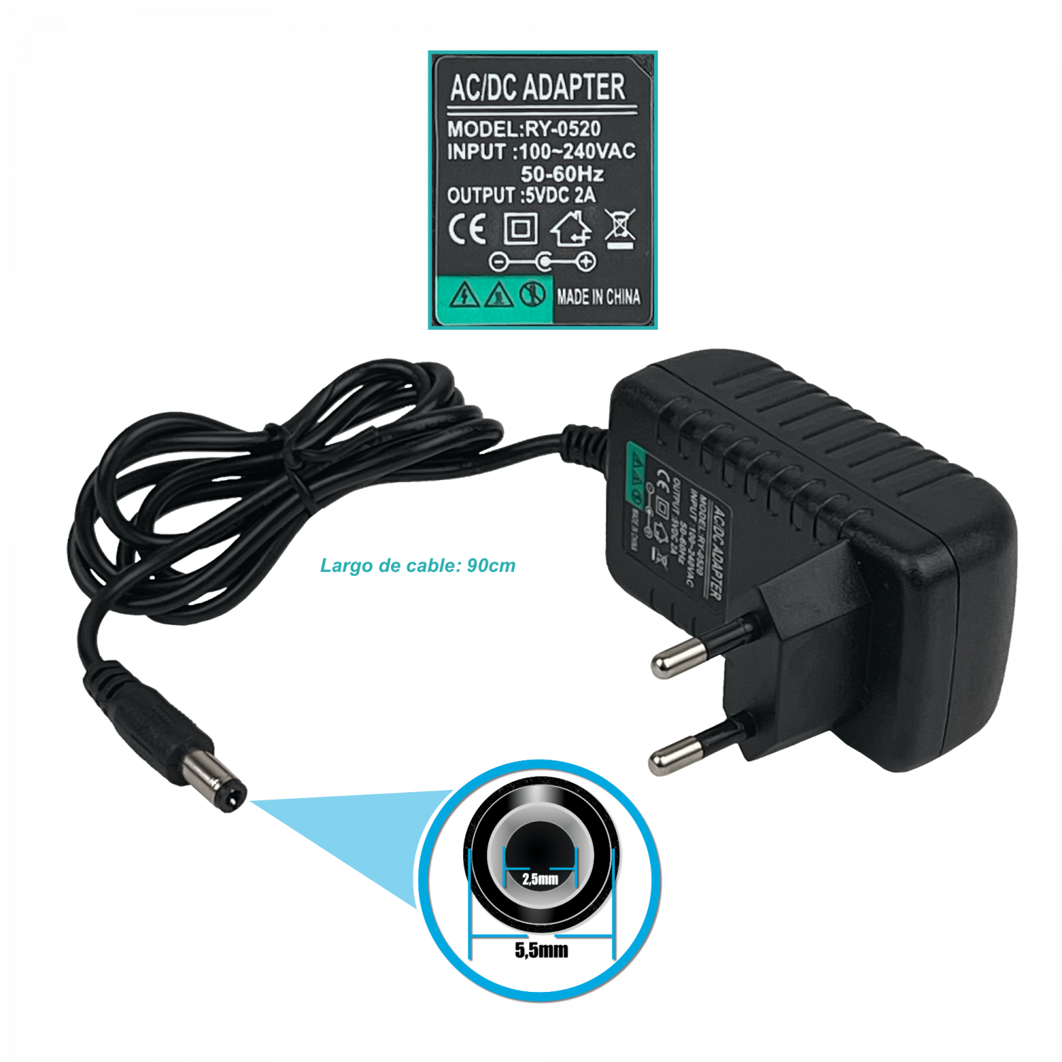 Fuente de Poder 5V 2A Plug 5.5x2.5mm, Largo 90cm, Transformador 100-240VAC 1
