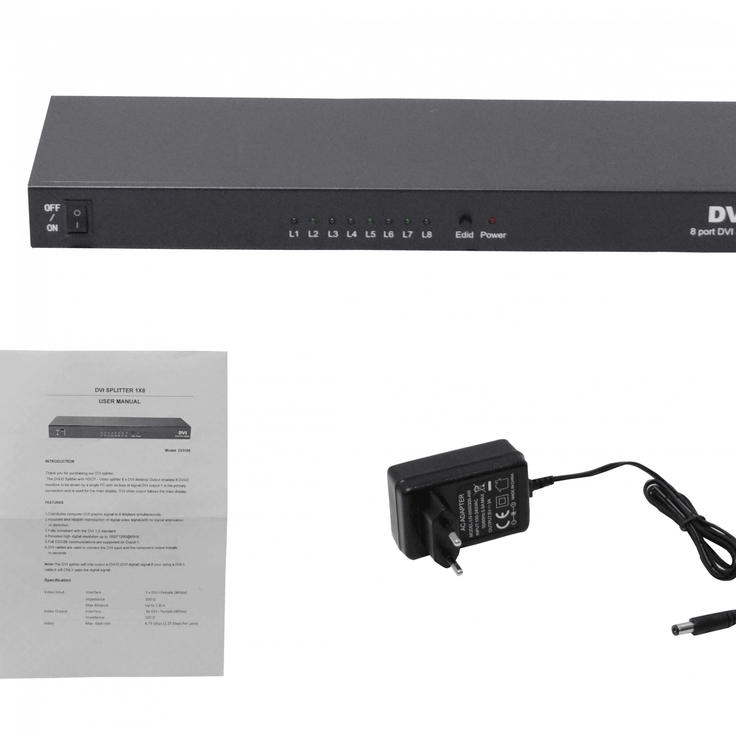Splitter 1x8 DVI/D/Dual-M 1080p 1-in 8-out inc-5V-3A 165MHz 1920x1440 3