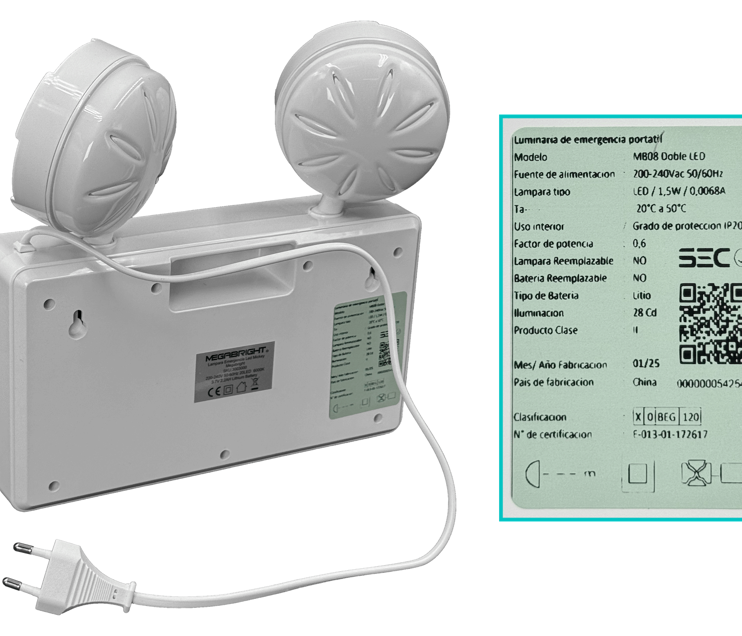 Lámpara de Emergencia MEGABRIGHT CT-1098 2-LED Recargable 220V IP20 Blanco 1