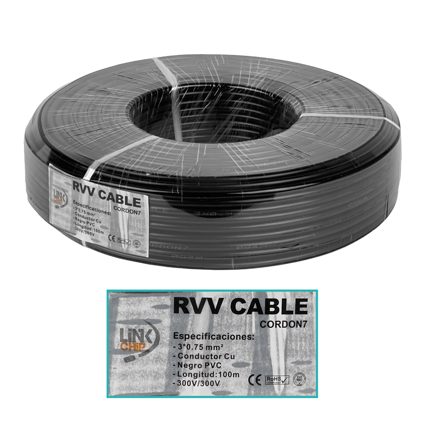 Negro 3x0,75mm 100mt Cable Electrico RVV 4-6AMP 3x0.75mm PVC 2
