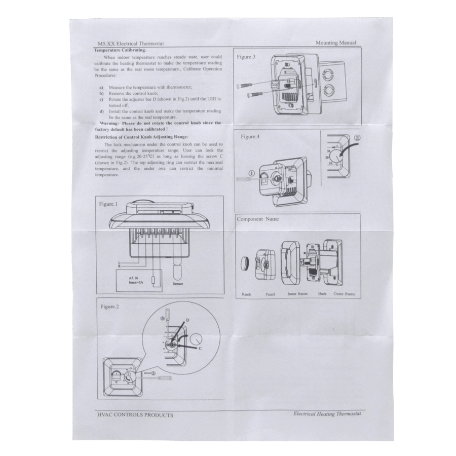 Mecanico Sensor-Piso 5-40ºC 230VAC 16A 3500W Termostato IP20 86x86mm 3