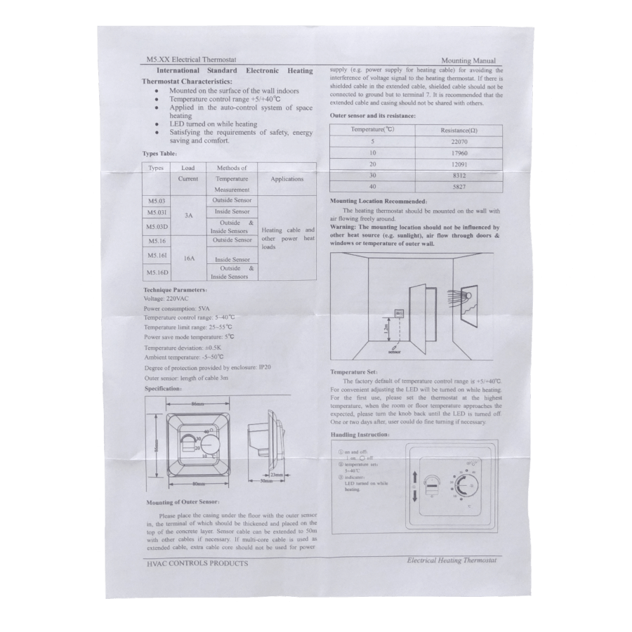 Mecanico Sensor-Piso 5-40ºC 230VAC 16A 3500W Termostato IP20 86x86mm 6