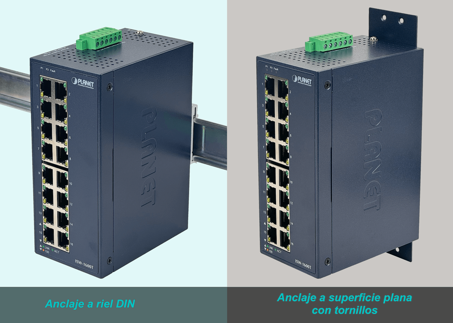PLANET 16-100 Switch Industrial Riel-DIN no-Admin req/12-48VDC/24VAC 1