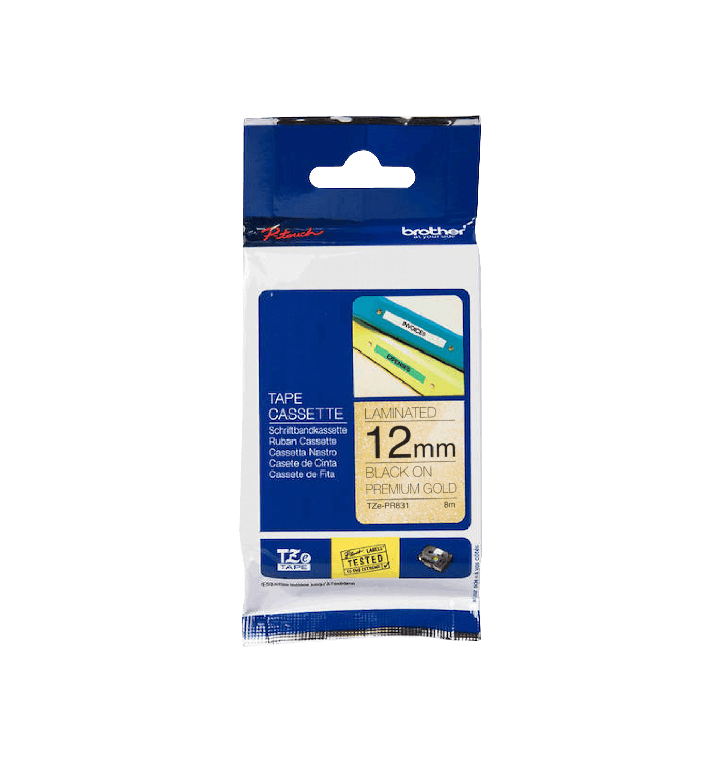 Cinta glitter Brother TZE-PR831 12mm negro en fondo dorado 8m 1