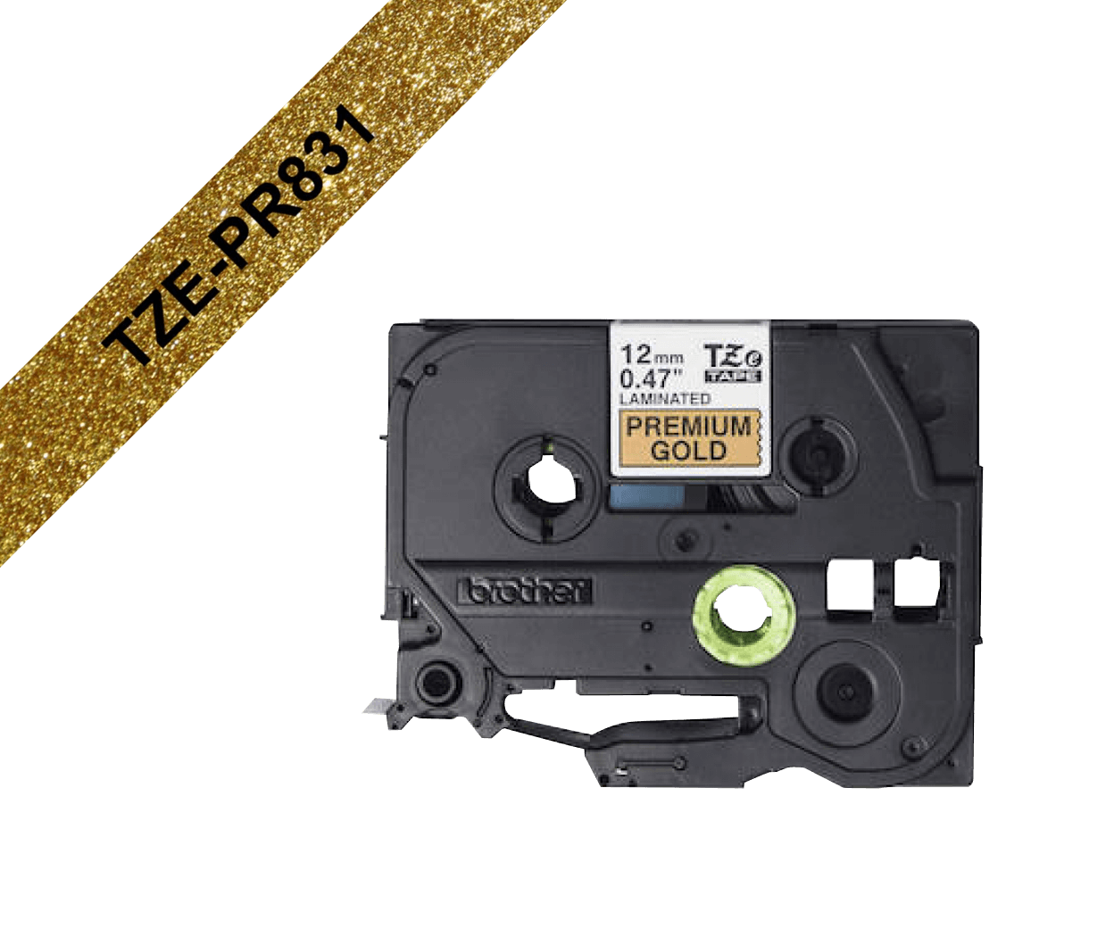 Cinta glitter Brother TZE-PR831 12mm negro en fondo dorado 8m 2