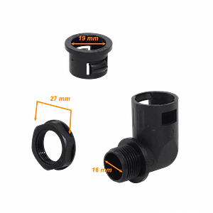 19mm Codo Salida Caja Prensa Estopa p/Conduit Flexible Plastico Negro