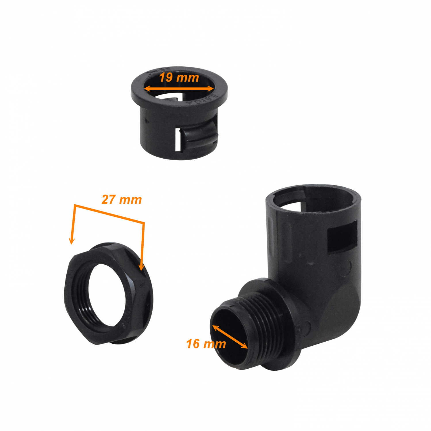 19mm Codo Salida Caja Prensa Estopa p/Conduit Flexible Plastico Negro 1