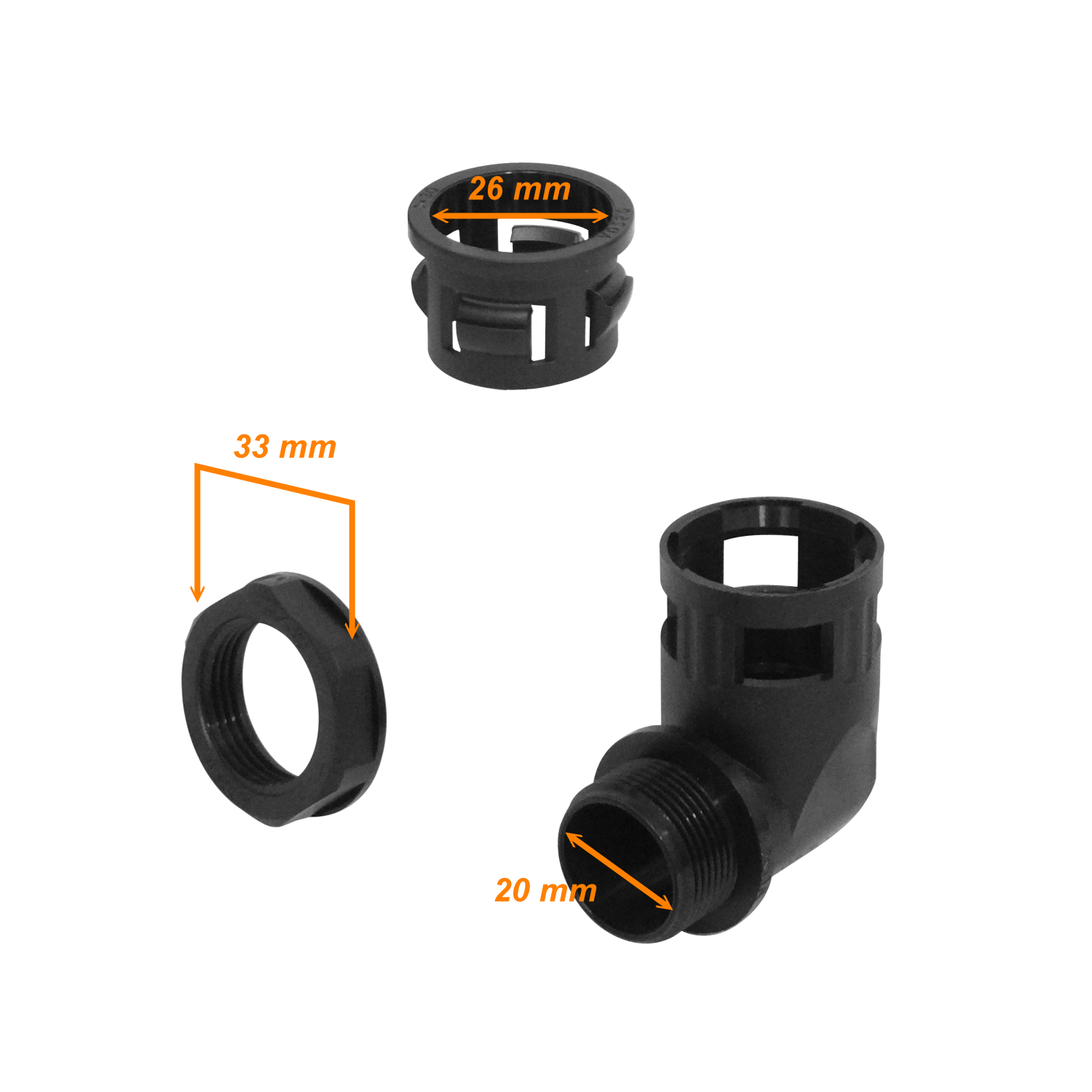 Codo de Salida para Caja Prensa Estopa, 25mm, Compatible con Conduit Flexible de Plástico Negro 2