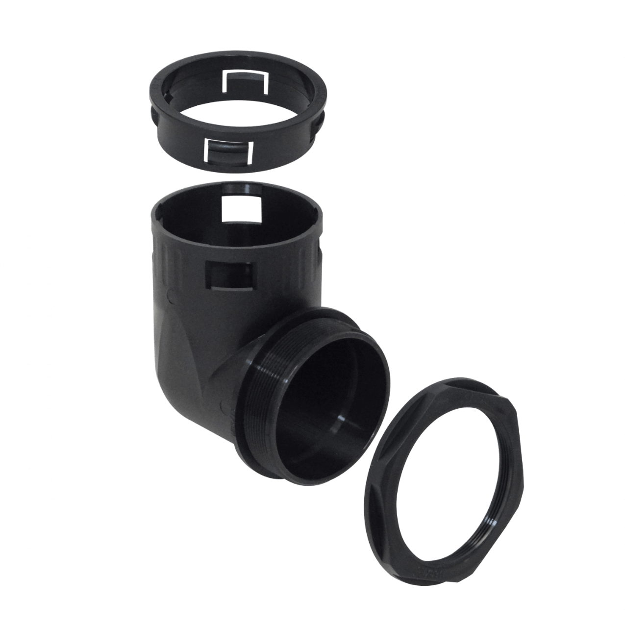 55mm Codo Salida Caja Prensa Estopa p/Conduit Flexible Plastico Negro 2