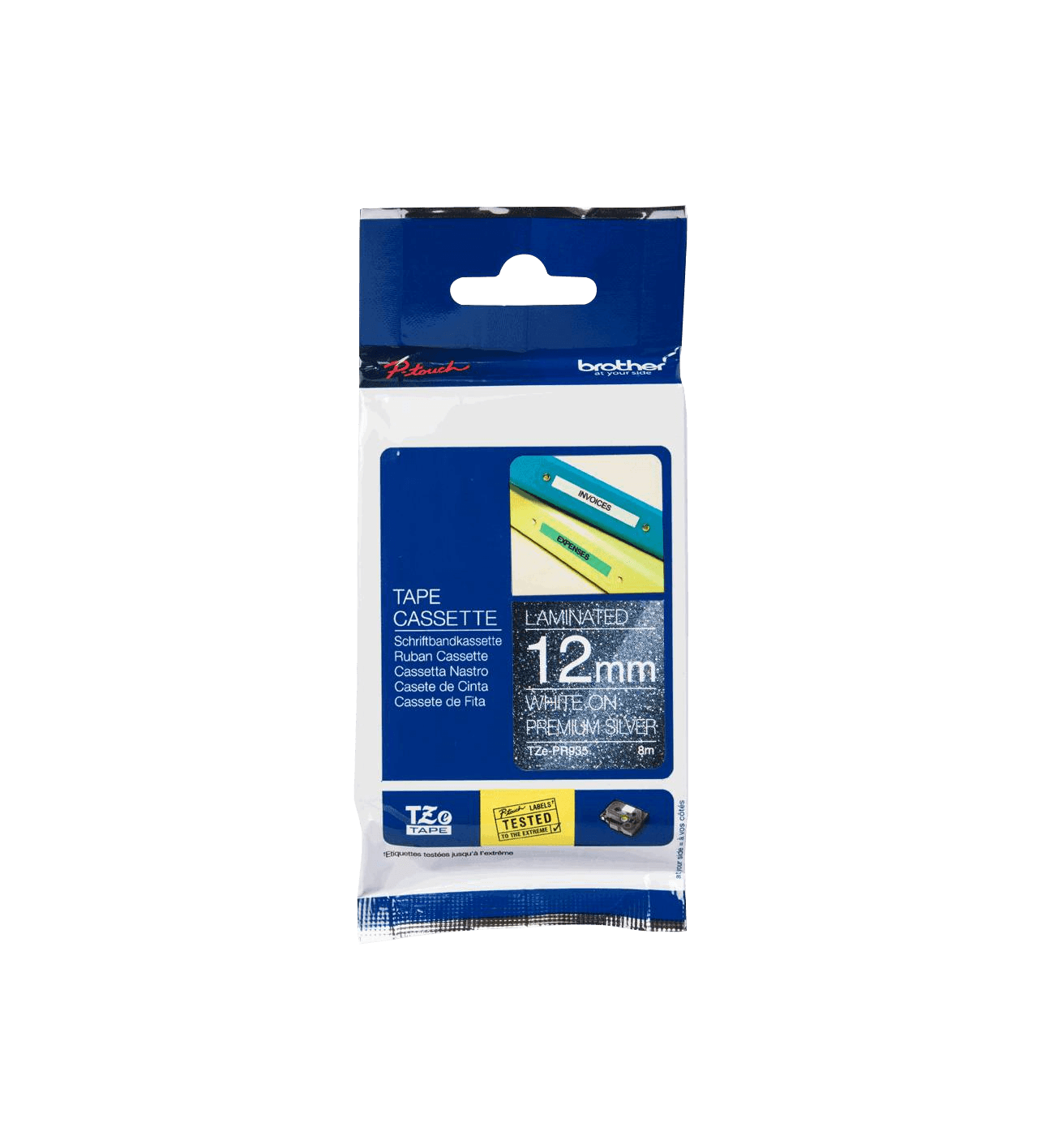 Cinta glitter Brother TZE-PR935 12mm blanco en fondo plateado 8m 2